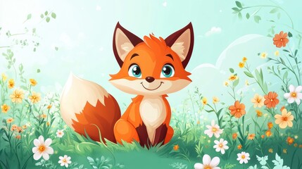 Fototapeta premium Adorable cartoon fox with a bushy tail, sitting in a meadow with flowers.