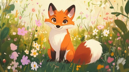 Fototapeta premium Adorable cartoon fox with a bushy tail, sitting in a meadow with flowers.