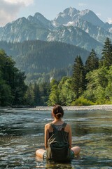 A woman on the river bank in the forest and mountains