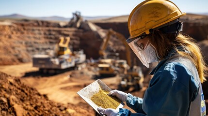 Workers in protective gear examining gold ore samples on-site at a mining location with machinery and excavation in the background