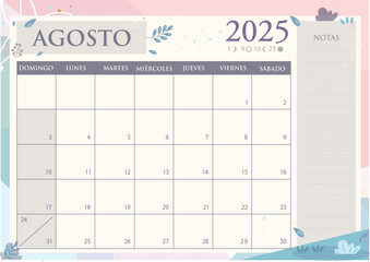 Calendario mensual 2025 en Español. AGOSTO