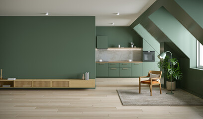 modern mid century A stylish and cozy relaxing room under the roof, have wooden lounge chair and green wall mockup  and wood floor on ,3d render