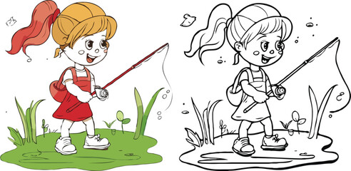 coloring page a simple drawing of red yellow with baby girl & boy fishing, vector illustrator