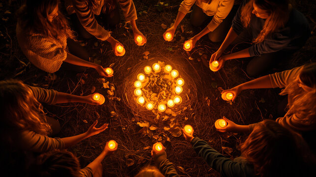 A group of people gathered in a circle, holding candles and performing a ritual or storytelling session, evoking the mystical side of Halloween. Creation, Ritual, Community