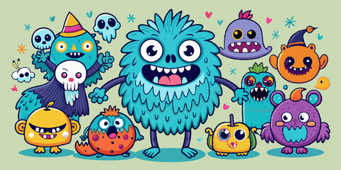 Halloween cute monster set, vector doodle hand drawn spooky kids creature, colorful pencil print. Cartoon holiday funny fluffy smiling alien, naive baby horror humor illustration. Cute monster sketch