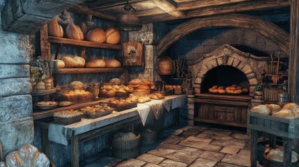 Rustic Bakery Interior with Artisanal Breads and Stone Oven
