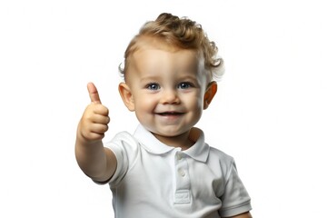 A cute toddler isolated on a white background, enthusiastically giving a thumbs up sign