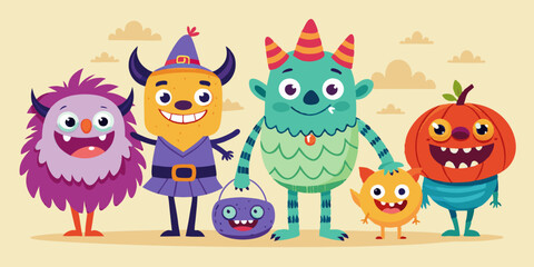 Halloween cute monster set, vector doodle hand drawn spooky kids creature, colorful pencil print. Cartoon holiday funny fluffy smiling alien, naive baby horror humor illustration. Cute monster sketch