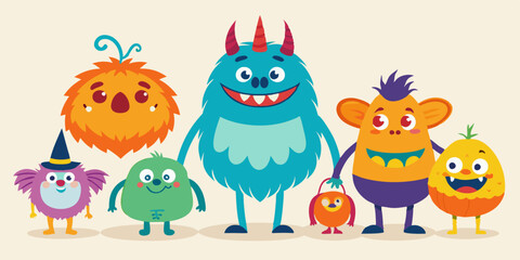 Halloween cute monster set, vector doodle hand drawn spooky kids creature, colorful pencil print. Cartoon holiday funny fluffy smiling alien, naive baby horror humor illustration. Cute monster sketch