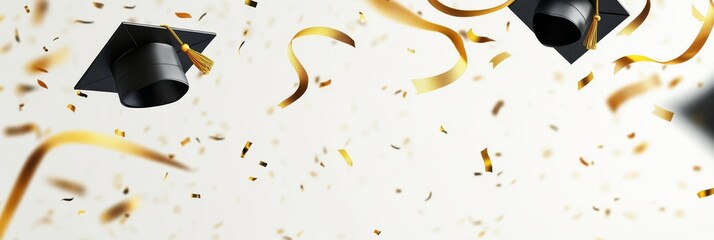 The scene is filled with floating graduation caps and shimmering golden ribbons, embodying a festive atmosphere that marks a joyful and significant celebration of hardearned academic achievements