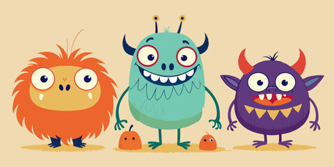 Halloween cute monster set, vector doodle hand drawn spooky kids creature, colorful pencil print. Cartoon holiday funny fluffy smiling alien, naive baby horror humor illustration. Cute monster sketch