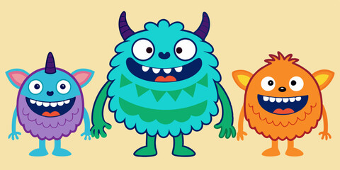 Halloween cute monster set, vector doodle hand drawn spooky kids creature, colorful pencil print. Cartoon holiday funny fluffy smiling alien, naive baby horror humor illustration. Cute monster sketch