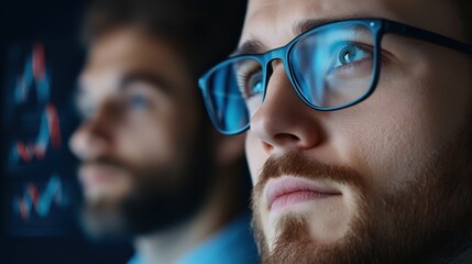 Business professionals analyzing data trends with focused expressions in an office environment.