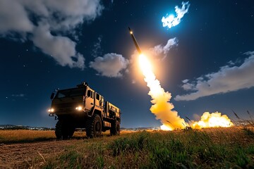 The Iron Dome in action during a night operation, with the sky lit up by the glow of interceptor missiles and explosions in the distance