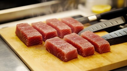 Fresh tuna being prepared on a cutting board with sharp precision knives, emphasizing the traditional art of Japanese fish preparation, displayed in a clean, modern kitchen setting