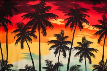 Tropical sunset with palm tree silhouettes.