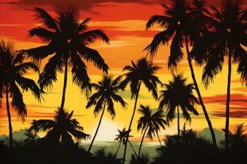 Tropical sunset with palm tree silhouettes.