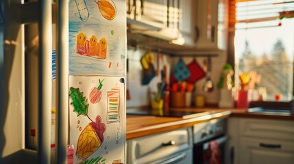 Close-up of a refrigerator door with colorful drawings of fruits and vegetables made by children.