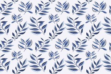 Unique abstract tropical floral stems pattern on a light background. Creative simple blue shape branches leaves seamless print. Vector hand drawing sketch. Design for fashion, fabric, textiles, cover