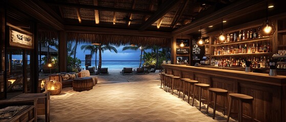 Fototapeta premium Quaint Rustic Seaside Bar with Thatched Roof and Beach Decor, Embracing Casual Beachy Vibes