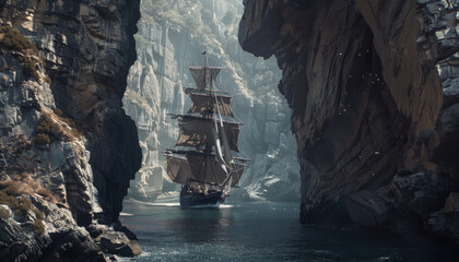 an old wooden sailing ship passing through the entrance