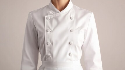 Front view of a clean, white chef jacket with buttons, presented on a neutral background, ideal for uniform mockups and branding in a professional culinary environment
