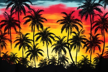 Tropical sunset with palm tree silhouettes.
