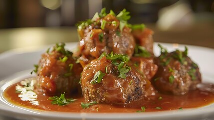 Fototapeta premium Plate of albondigas (Spanish meatballs) in a rich tomato sauce, garnished with parsley, hearty and flavorful 