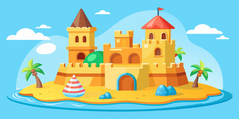 3D sand castle summer set, kids beach vacation vector building illustration, holiday sea sculpture. Cartoon travel architecture medieval house children outdoor tropical game. Sand castle shore clipart