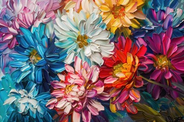 Colorful bouquet of stylized flowers in vibrant hues on a blurred green background