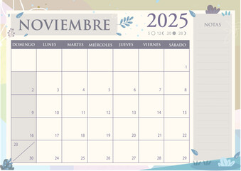 Calendario mensual 2025 en Español. NOVIEMBRE