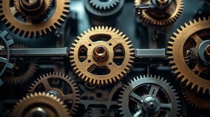 Intricate gears and cogs interlocking in a complex mechanism, symbolizing precision engineering and technological advancement.