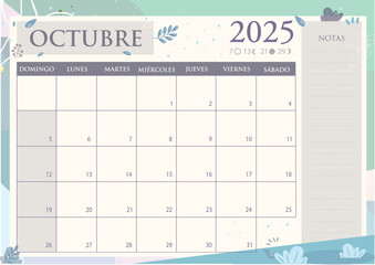 Calendario mensual 2025 en Español. OCTUBRE 