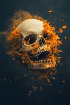 Halloween Skull Exploding with Vibrant Orange Smoke and Debris Creating a Dark and Dramatic Scene