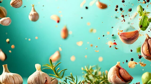 Fresh herbs and garlic spices falling against turquoise background