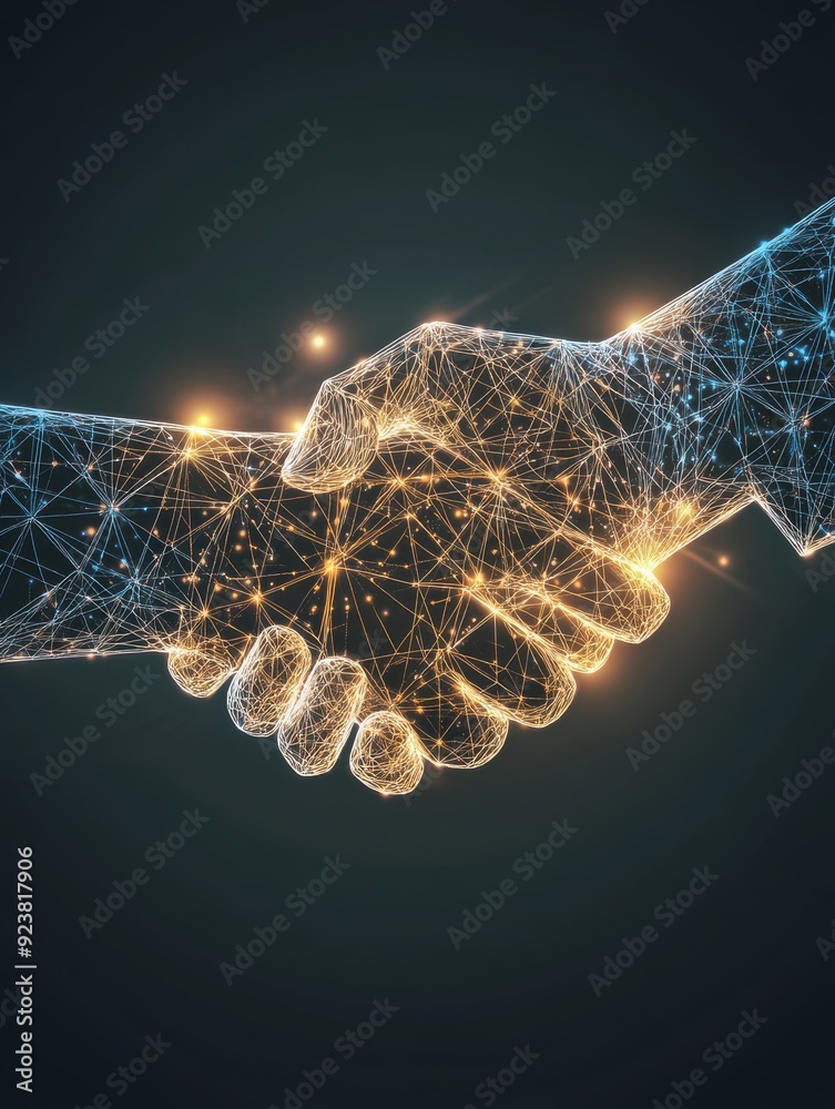 Poster Digital handshake with interconnected lines representing cybersecurity, technology collaboration, and futuristic partnerships.