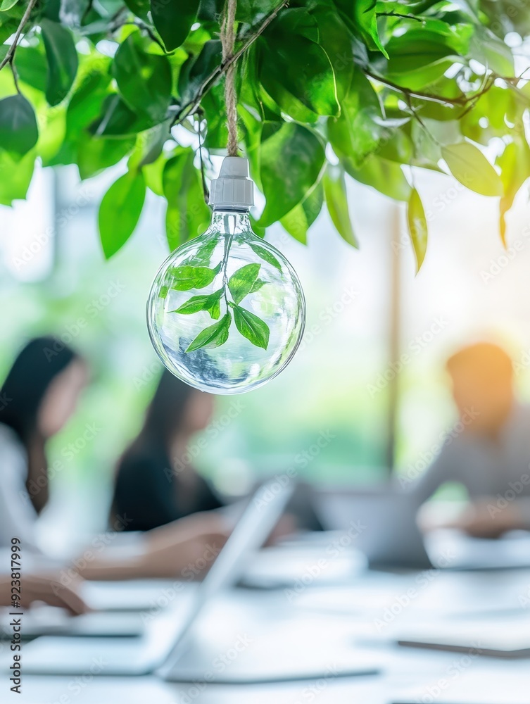 Poster close-up of a light bulb with a plant inside, hanging in an office setting with people working on la