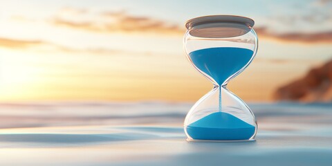 Fototapeta premium An hourglass with blue sand on the beach at sunset, symbolizing time and hope.