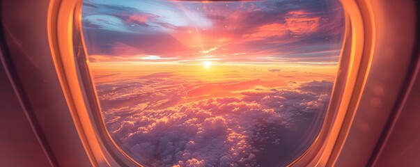 Fototapeta premium Airplane Window View of Sunset Over Clouds