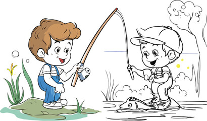 coloring page a simple drawing of red yellow with baby girl & boy fishing, vector illustrator