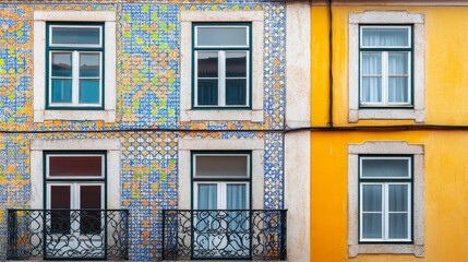 Obraz premium A vibrant wall with colorful tiles and bright yellow paint creates a striking contrast. The windows are framed beautifully. This artistic view captures urban charm. AI