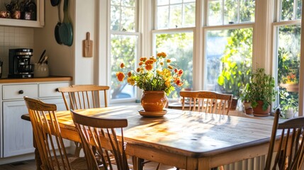A wooden table in a cozy breakfast nook, surrounded by wooden chairs and bright, cheerful decor.