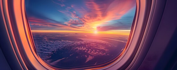 Fototapeta premium Airplane Window View of a Colorful Sunset Over Clouds
