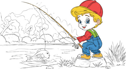coloring page a simple drawing of red yellow with baby girl & boy fishing, vector illustrator
