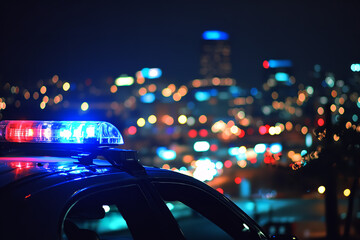 A blue light flasher atop a police car illuminates the scene, casting a vibrant glow. In the background, city lights create a dynamic and bustling backdrop