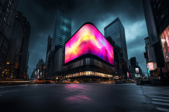 Futuristic billboard on a night city scene in powerful contrasting colors. Conceptual image on the future of the advertising industry. - Powered by Adobe