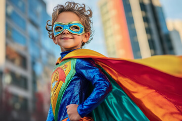 A child superhero strikes a powerful pose, dressed in a vibrant, imaginative costume