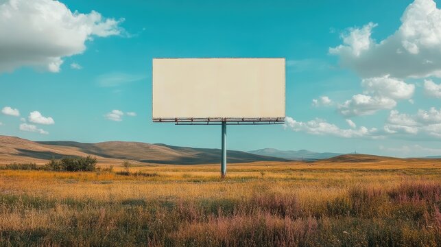 Billboard in a rural area, standing alone against a backdrop of open fields and distant hills.