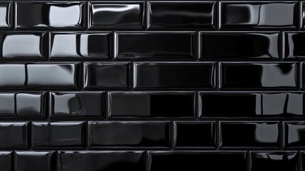 Black tiles with a glossy finish in a staggered grid pattern, adding depth and shine to any space.
