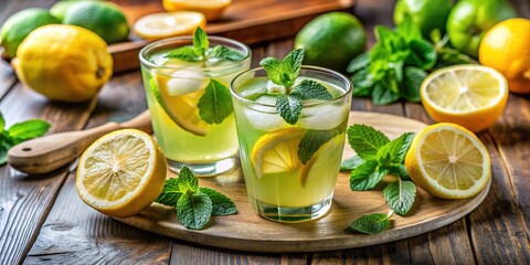 Freshly squeezed green lemons and sweet syrup combine in a refreshing drink preparation, garnished with juicy lemon slices and a sprig of mint for a revitalizing summer treat.